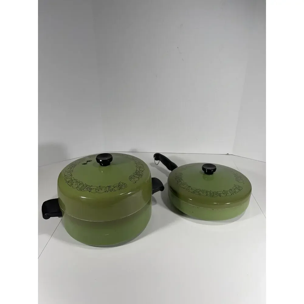 2 x Wear-Ever Registered Aluminum Green Enamel 5 QT Stock Pot +Fry Dia Pot +lids